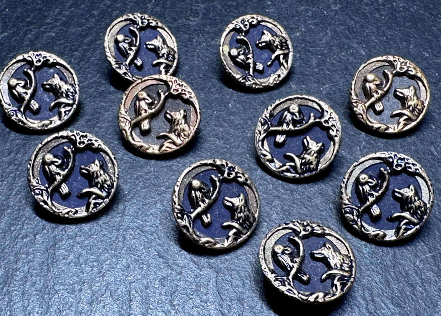 10 ANTIQUE? ROUND BRASS SHANK 14MM BUTTONS : FOX OR WOLF & BIRD IN TREE