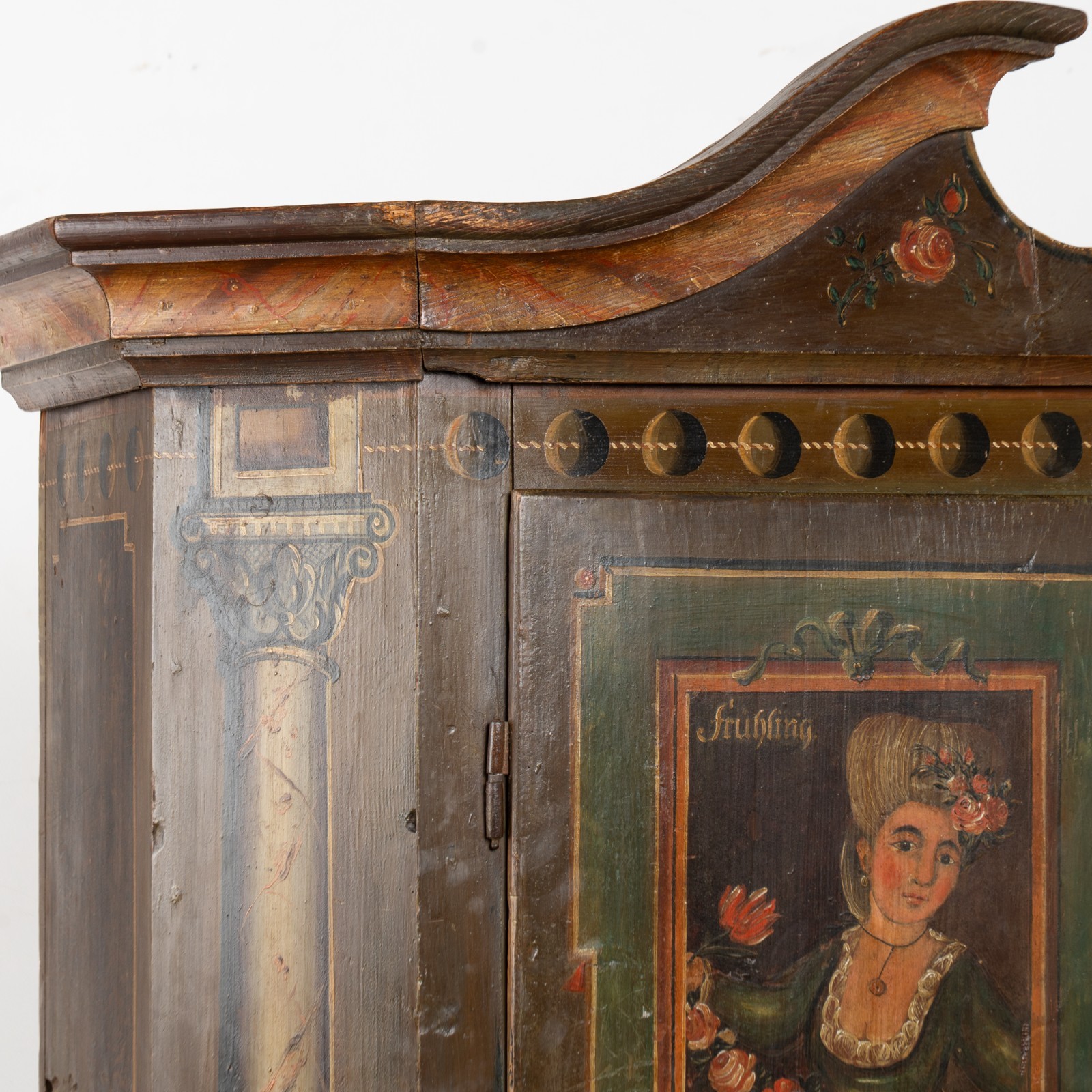 Original Painted German Shrunk Armoire with Four Seasons, Dated 1802