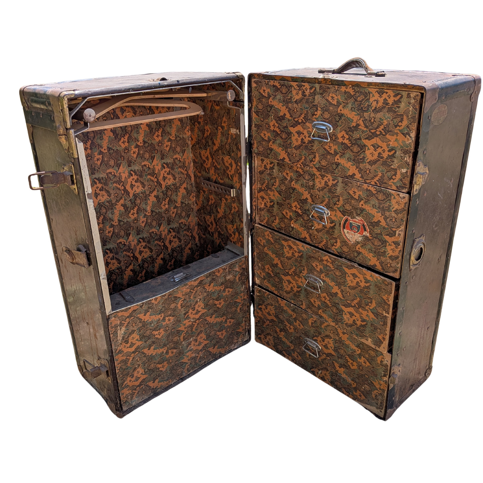 Antique Wardrobe Trunk Upright Travel Closet 4-Drawer Greyhound Sticker AS IS