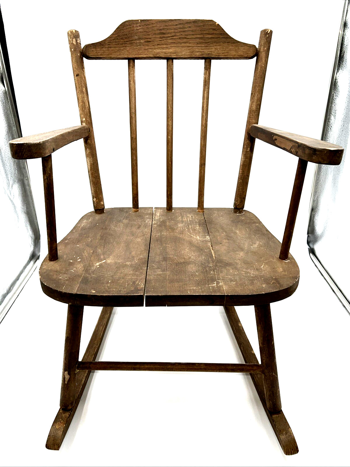 Vintage Child’s Rocking Chair Primitive Wooden Slat Back Rustic Farmhouse Decor