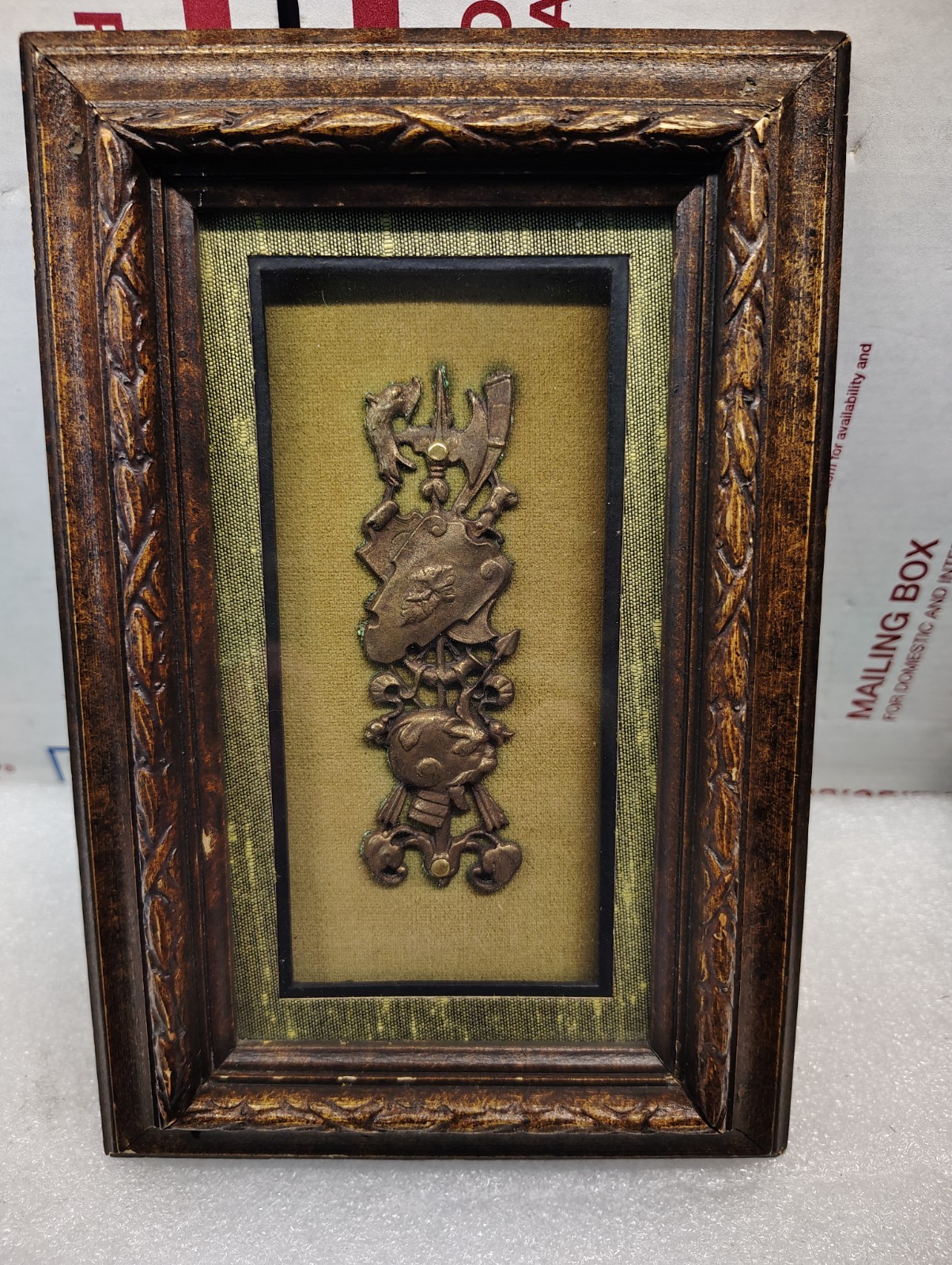 Rare – Vintage metal art in unique wood frame with Green velvet interior 
