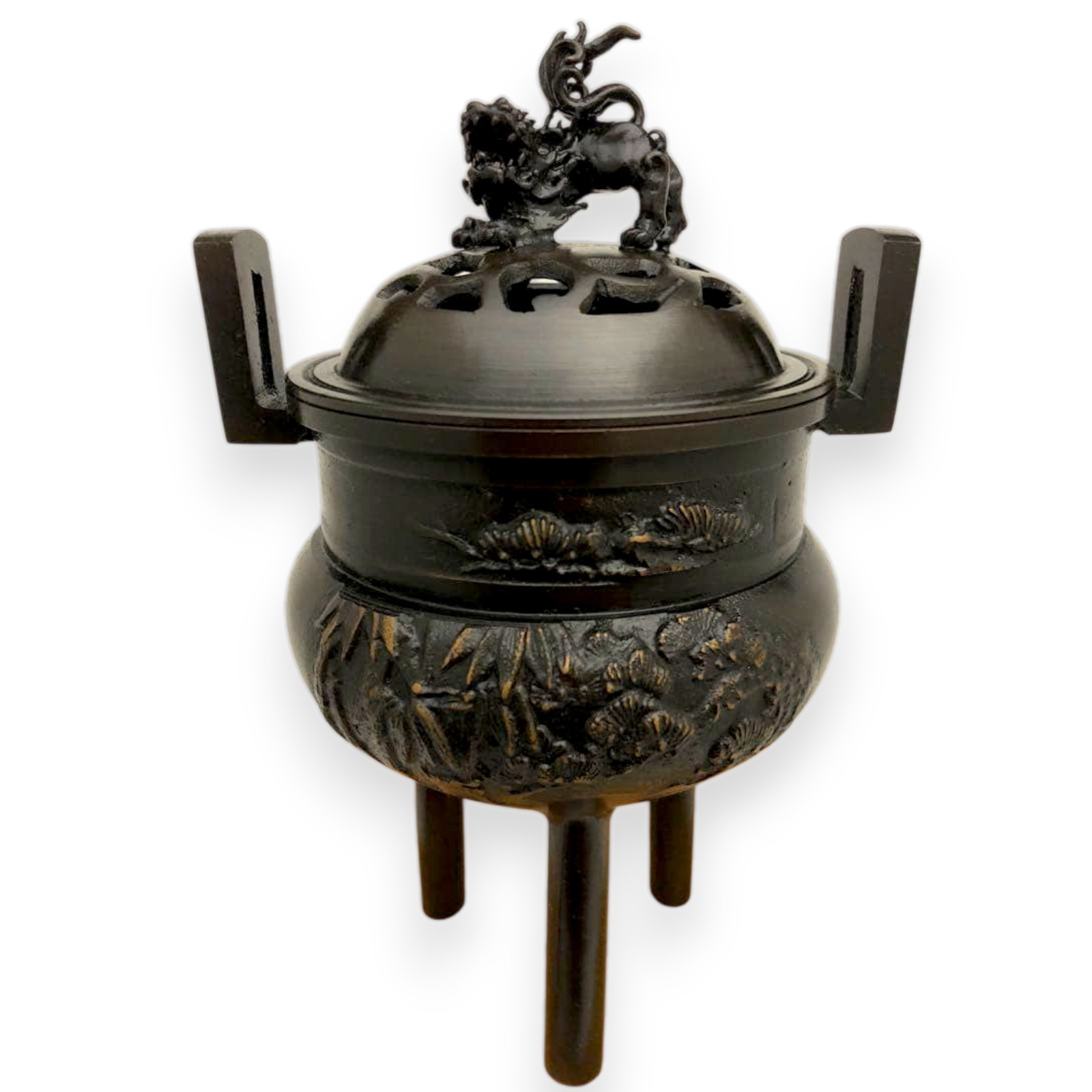 Japanese Bronze Incense Burner 7 inch Metal Censer Sculpture Shishi Lion