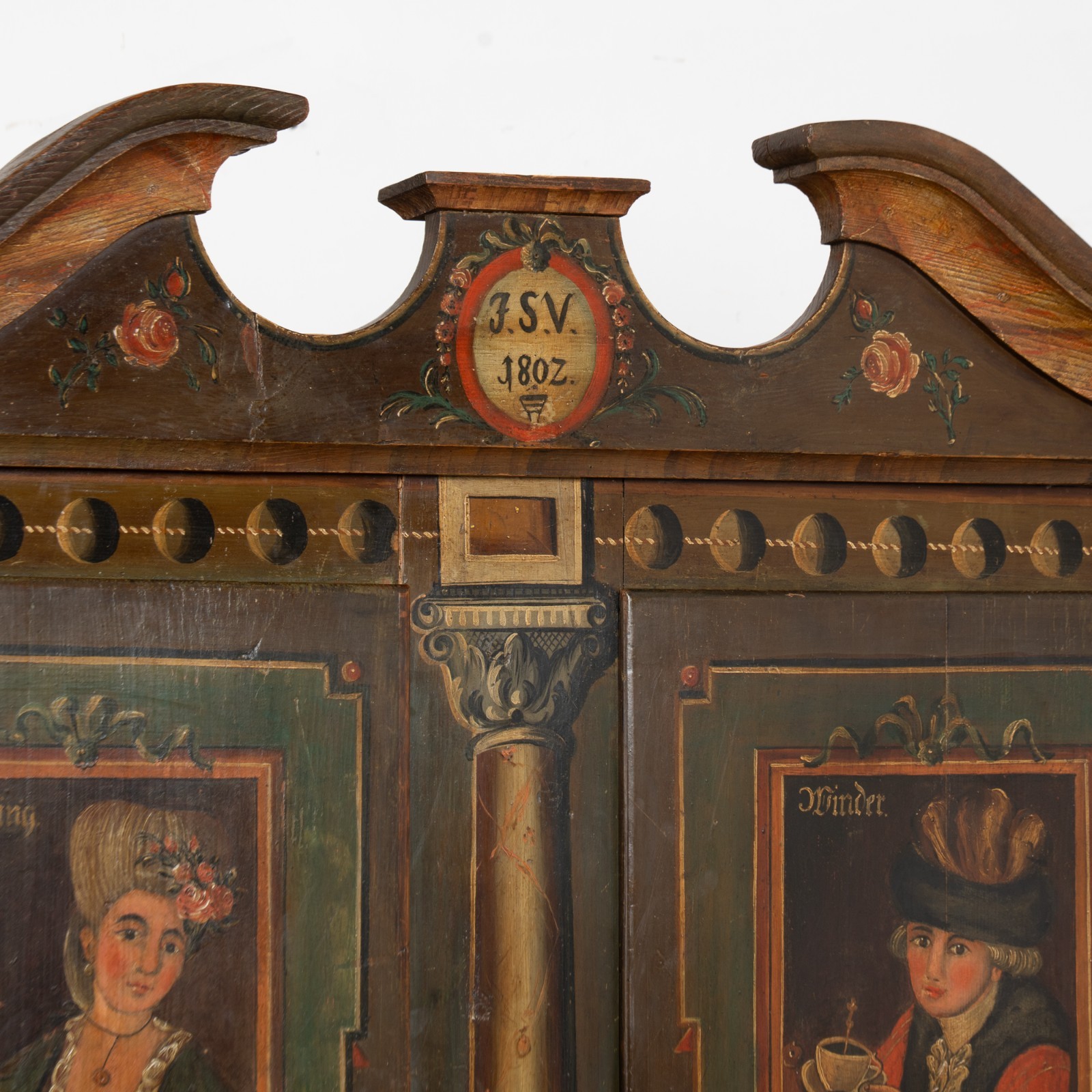 Original Painted German Shrunk Armoire with Four Seasons, Dated 1802