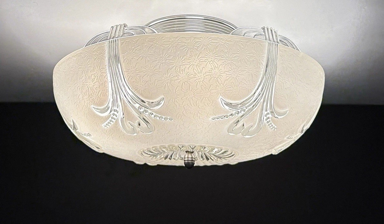 Antique 1930s 1940s Art Deco Machine Age Geometric Glass Ceiling Light Fixture