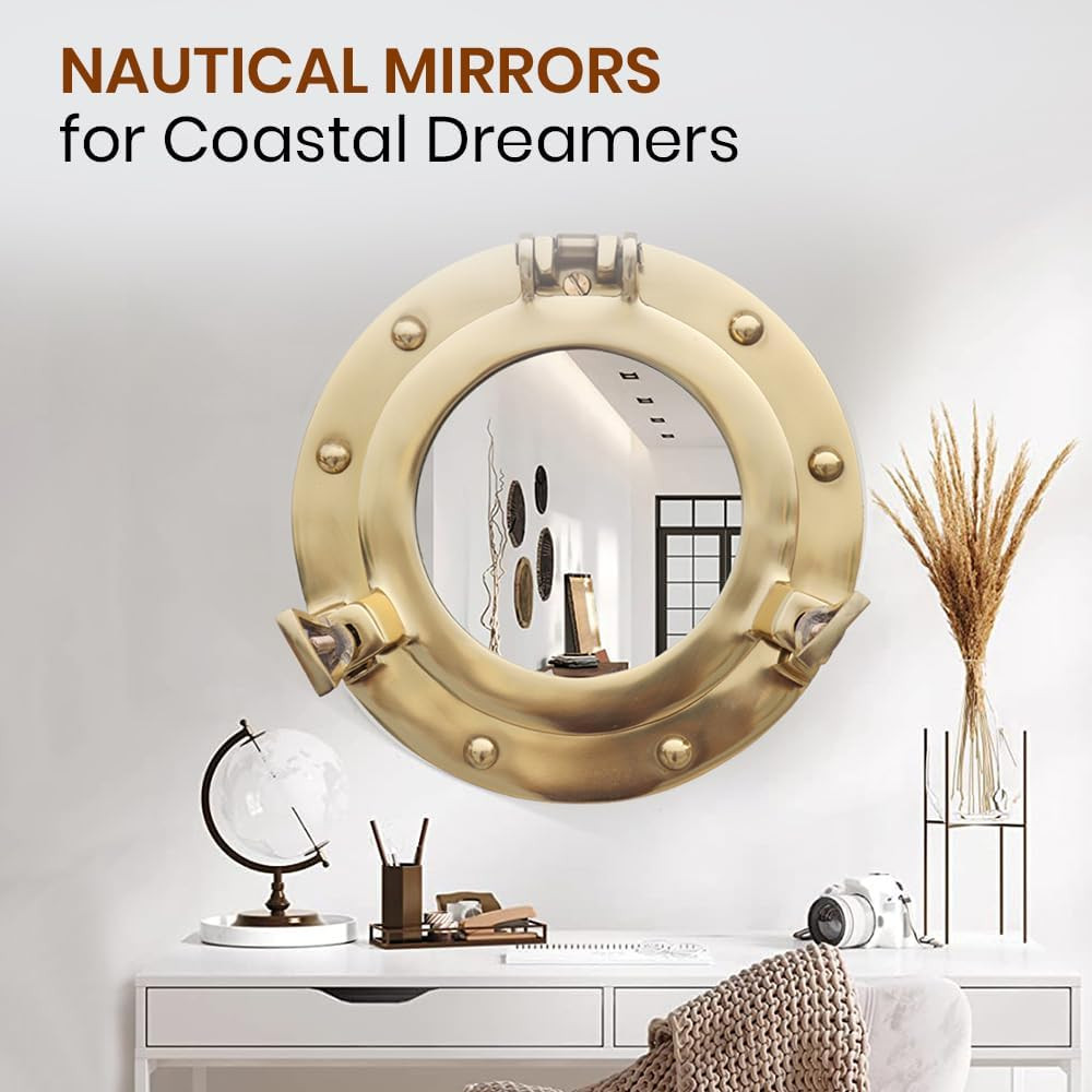 8″ Polished Brass Nautical Porthole Wall Mirror Pirate Ship Victorian Decor