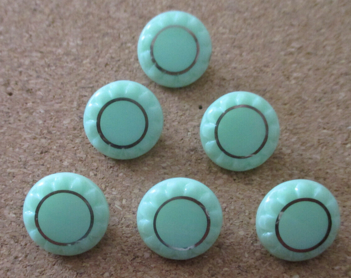 6-Czech Glass Art Deco-Fancy Border & Gold Circle Mint Green Buttons #34-16.47mm