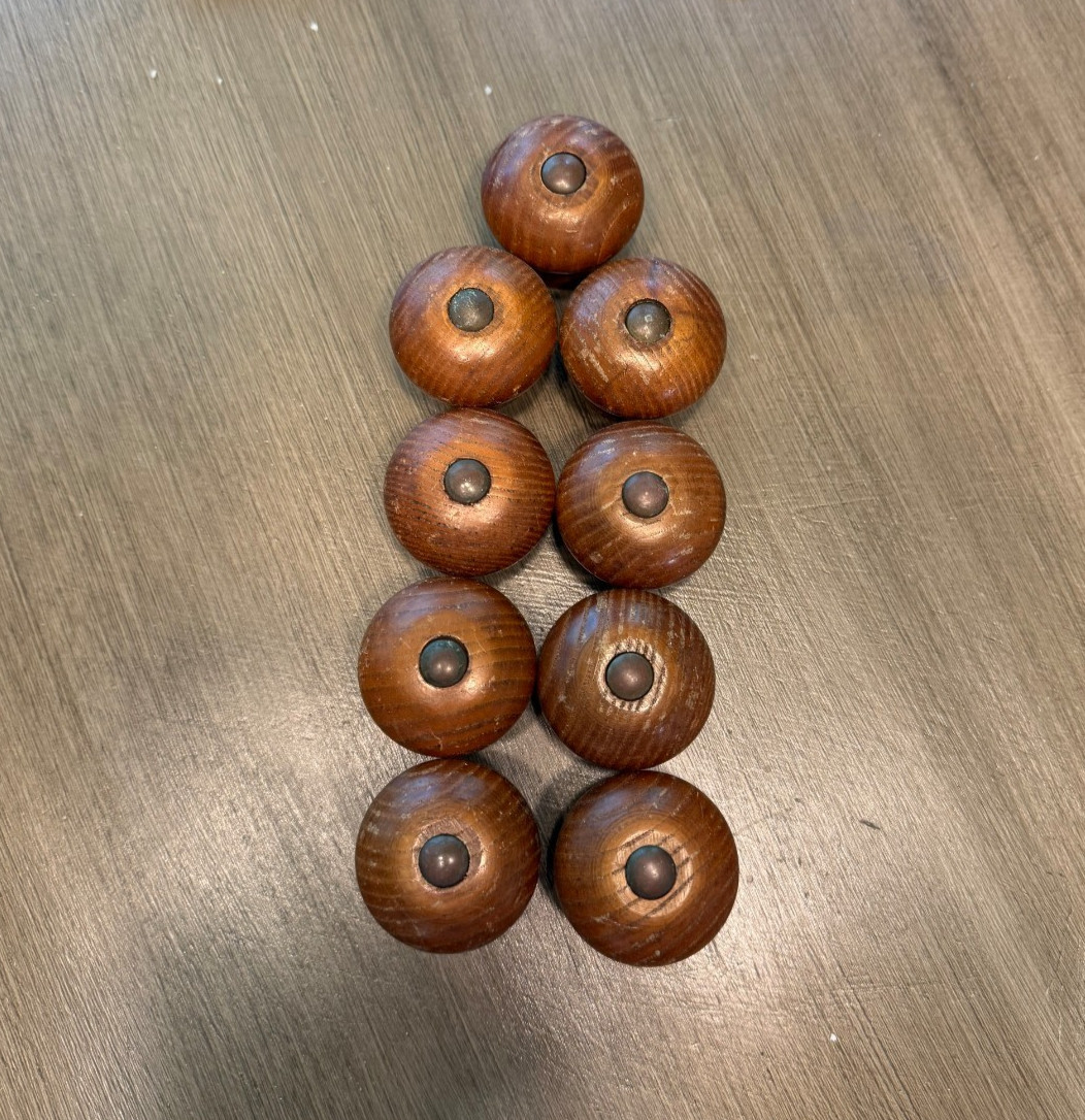 Vintage Set of 13-Nine 1.5 inch Oak Drawer Knobs, Four 5.5 inch center bail pull