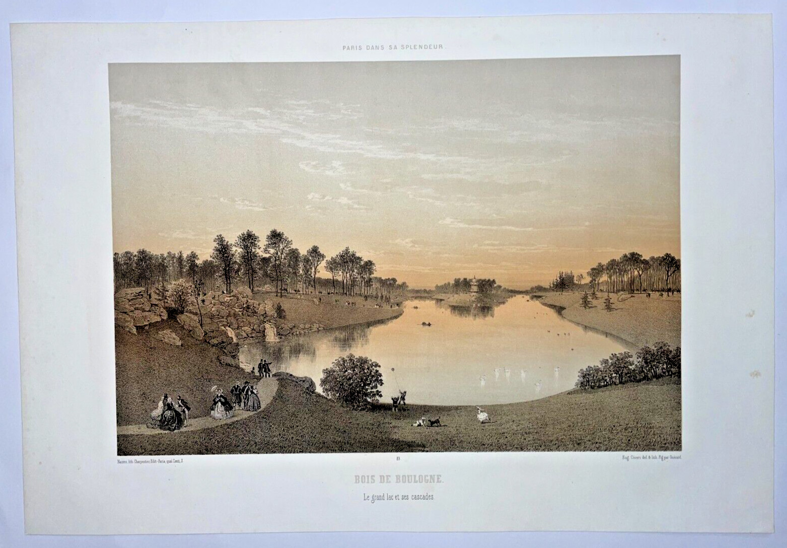 PARIS BOIS DE BOULOGNE 1861 CICERI & GUERARD LARGE ANTIQUE VIEW 19TH CENTURY