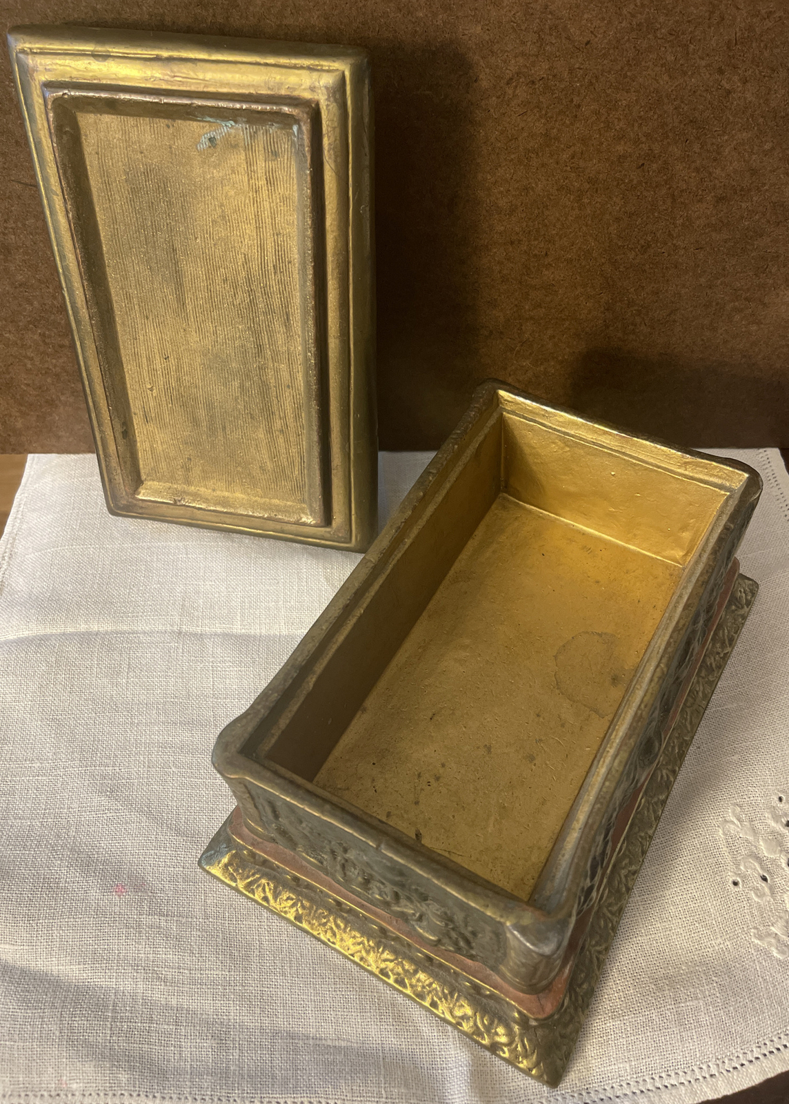 Antique Copper Embossed Relief Scene Lined Trinket Dresser Storage Box