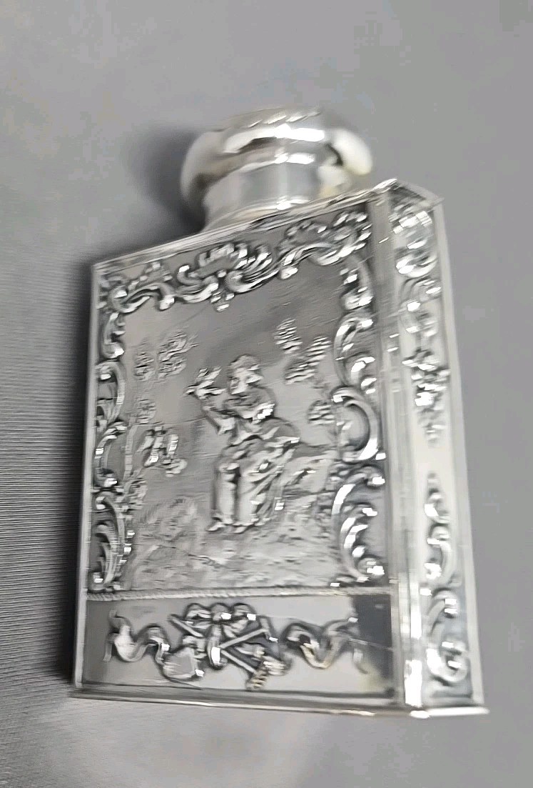 Antique German Silver Repoussé Tea Caddy Romantic Scene Girl With Birds
