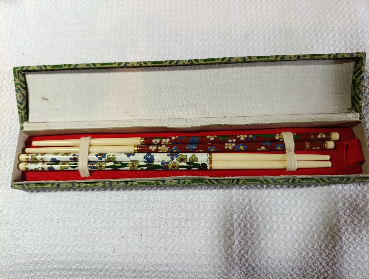 Vintage Chinese Enamel Cloisonné Chopsticks In Original Box