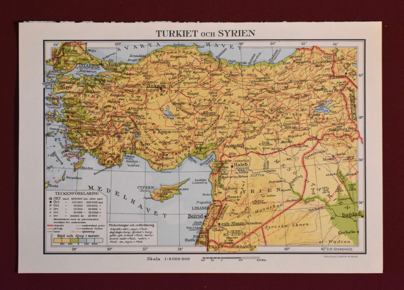 Map of Turkey and Syria, ‘Turkiet och Syrien’ Swedish Encyclopedia Plate 1950’s