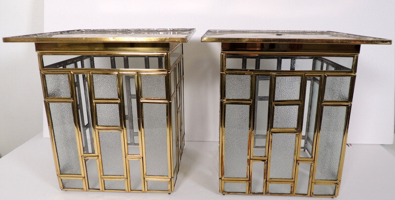 2 Vintage Brass & Glass Prairie Arts & Crafts Craftsman Exterior Light Shades