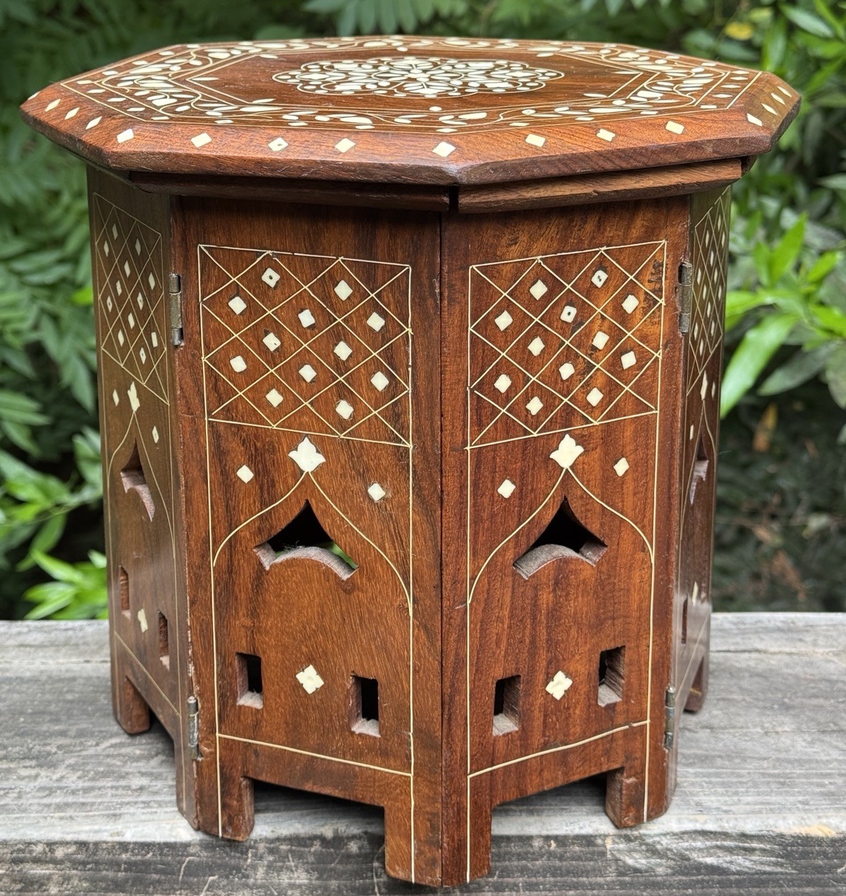 Handcrafted Anglo-Indian Moorish Wood Inlay Octagonal Folding Side Table 11”
