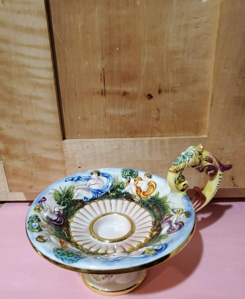 Capodimonte Handled Candle Holder CeramicVtg Cherubs-blue gold trim sign. Italy