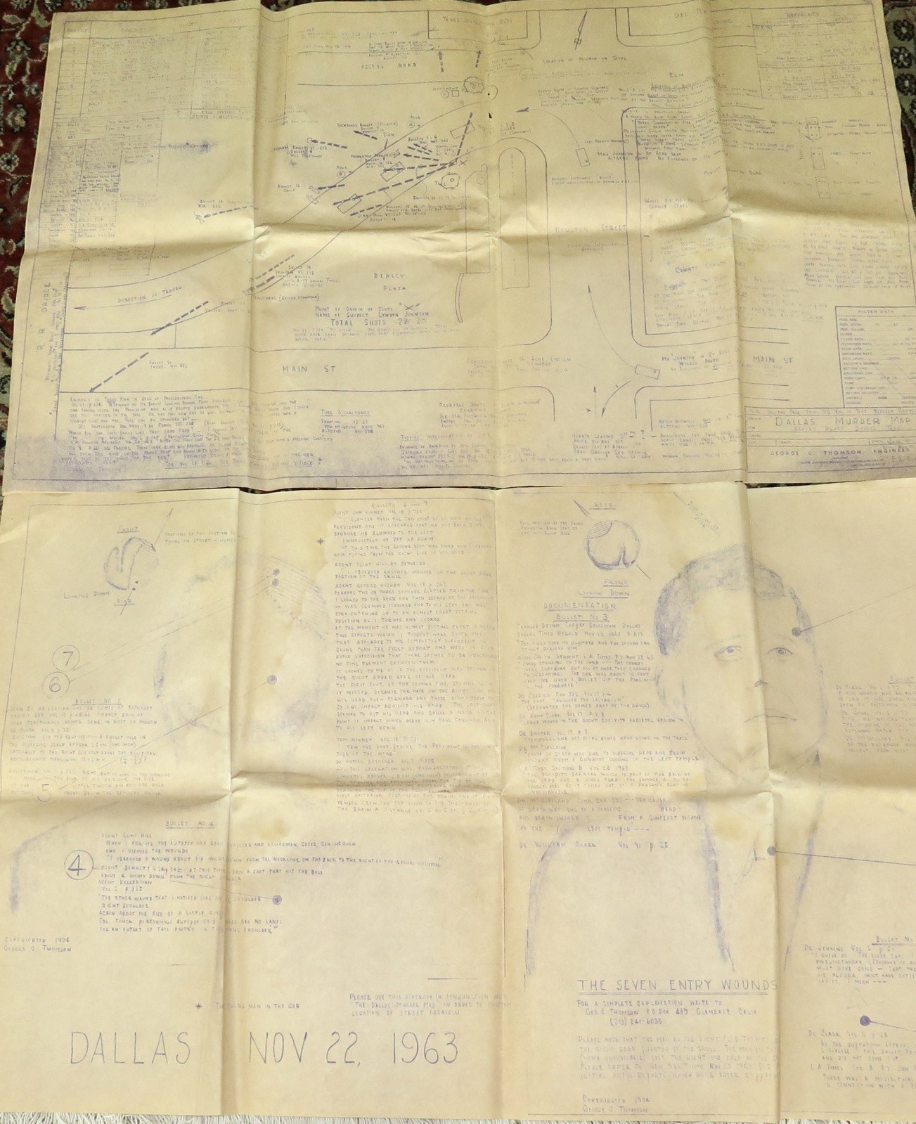 RARE JFK Assassination “Dealey Plaza Map & “Seven Entry Wounds” by G Thomson