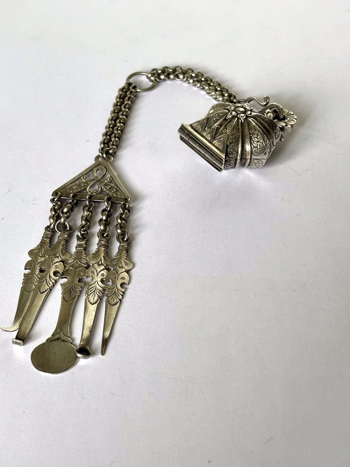 Antique Silver/ White Metal Chatelaine with Vinaigrette and 5 Hanging Tools