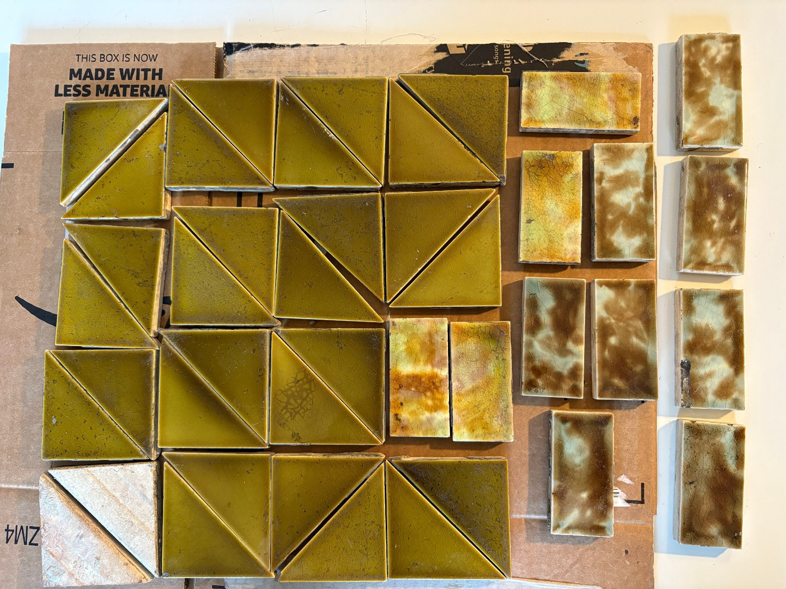 Antique Tile 30 Green Triangles & 12 Mottled Rectangles, Some Marked