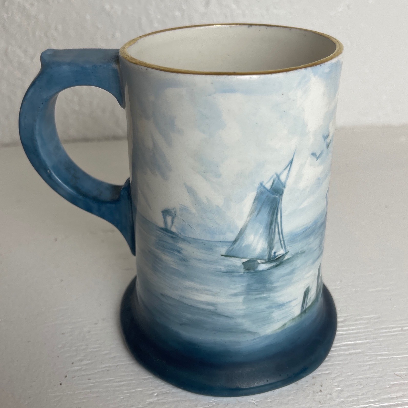 Antique 1905 Limoges-style Hand Painted Mug Tankard Dutch Windmill Sailboat Blue