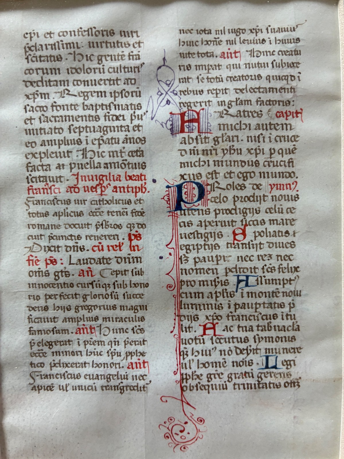 Medieval liturgical manuscript vellum, 15th century, re: Saint Frances of Assisi