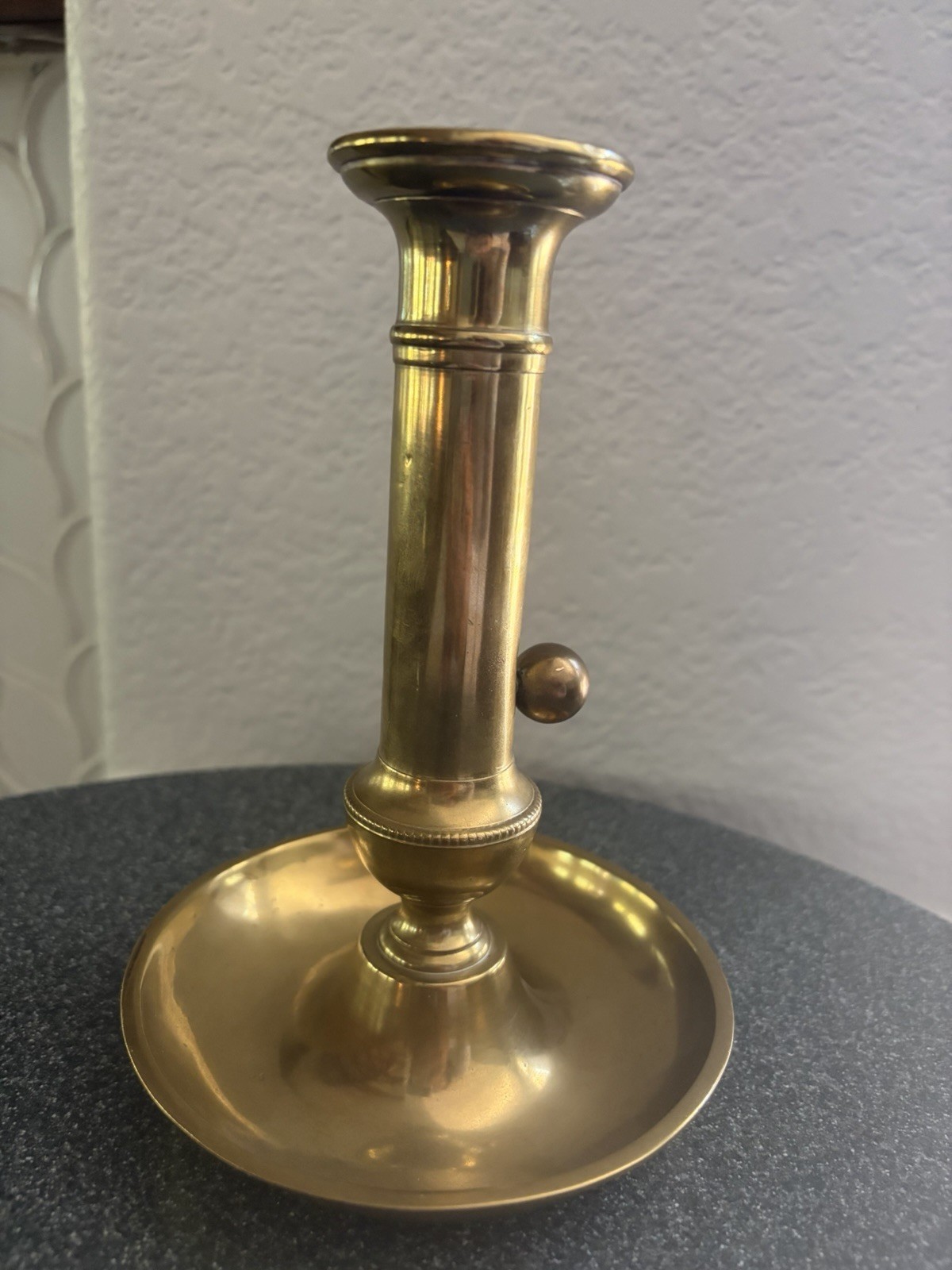 Antique Brass Push Up Candlestick Holder Chamberstick 19th Century Saucer Base