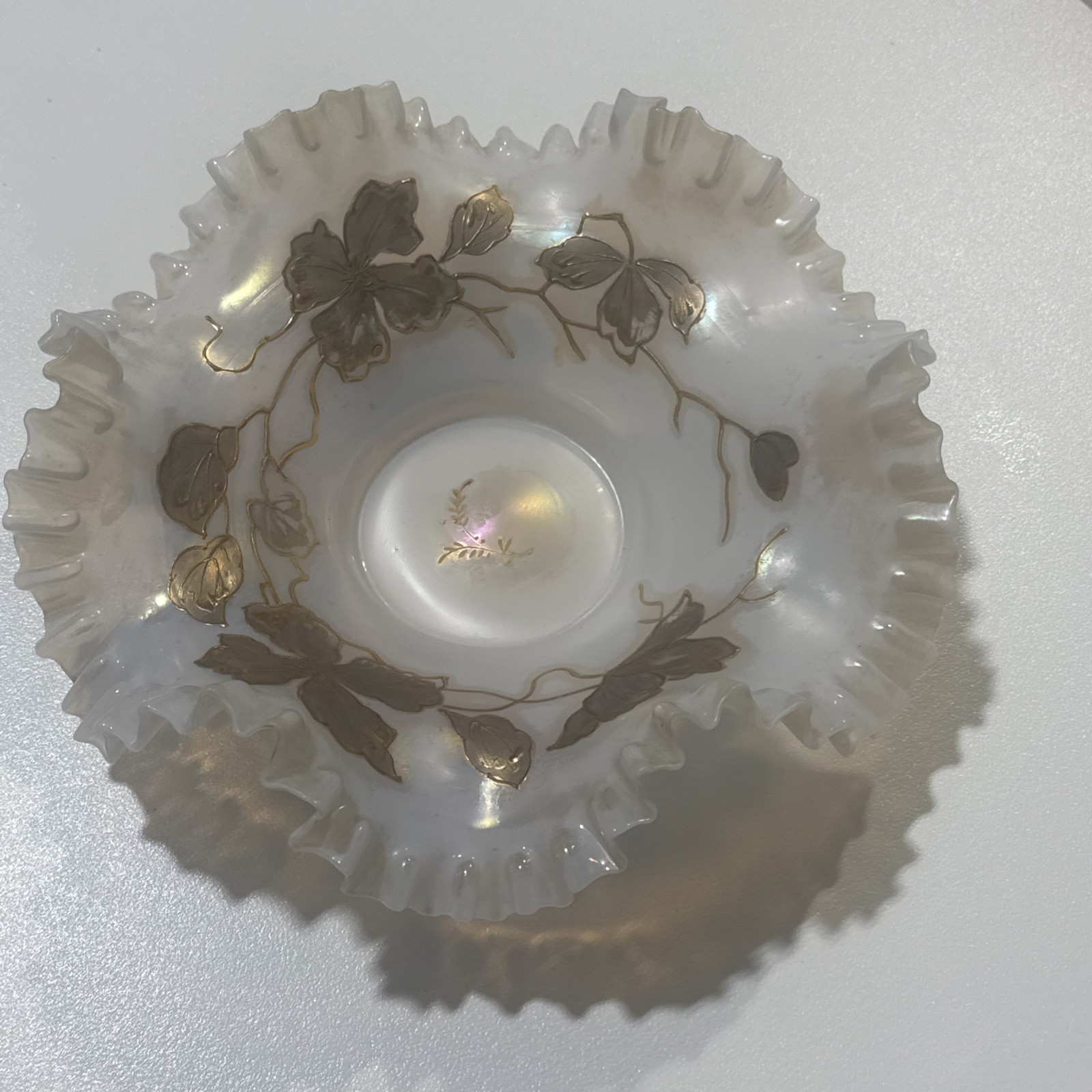Antique Ruffled Glass Bridal Basket Irredescent Enamel Bowl Painted