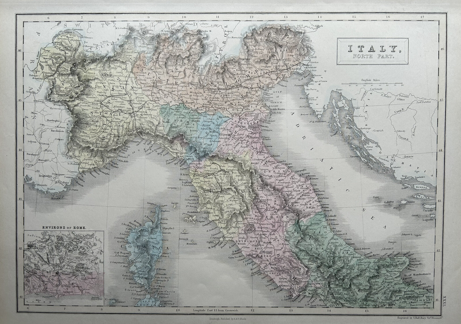 1854 North Italy Hand Coloured Original Antique Map by Selina Hall