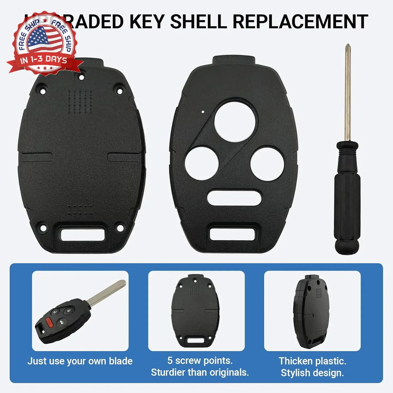 No Cutting Upgraded Version Replacement Key Fob Cover Case fit for Honda 2003-20