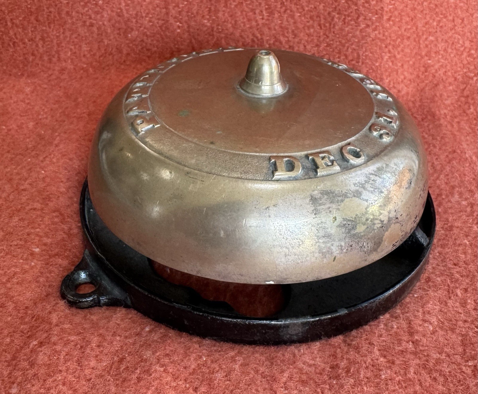 Victorian-era Brass Mechanical Doorbell Taylor Patent 1867 Cover Cast Iron Base