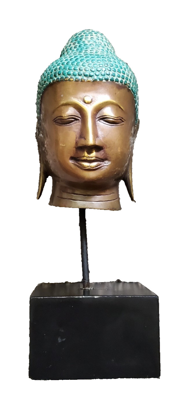 Antique Shakyamuni Buddha Metal Bronze Buddha Head on Stand. 9.5 inches