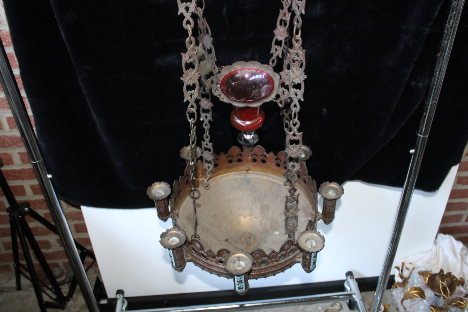 Antique 19thc church sanctuary Enamel Candle chandelier lamp neo-gothic rare