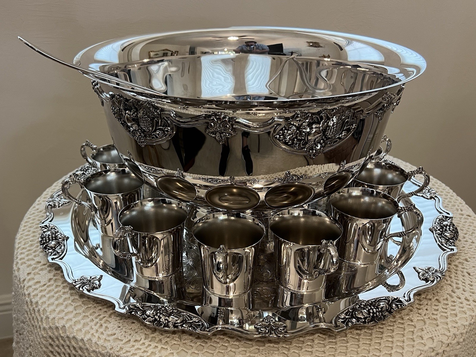 Wallace Silverplate Harvest Punch Bowl, Tray, Ladle & 12 Cups Set of 15 Antique