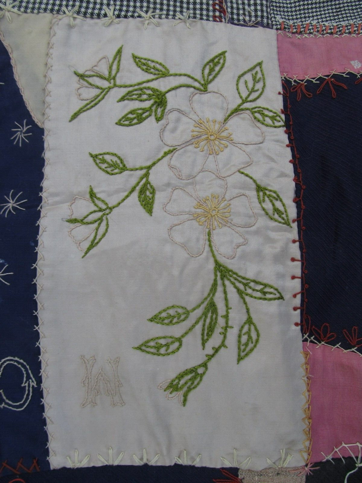 THE BEST 1890 Antique Handmade Patchwork & Embroidered CRAZY Quilt, w/INITIALS