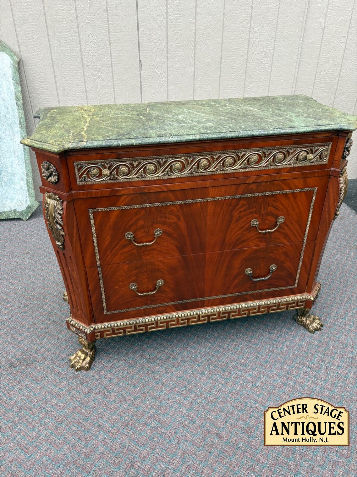 67521 Neoclassical Mahogany and Green Marble Sideboard with Claw Feet