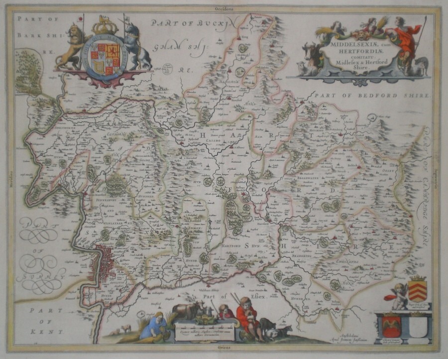 MIDDLESEX and HERTFORDSHIRE ORIGINAL ANTIQUE MAP by Jansson ca1646