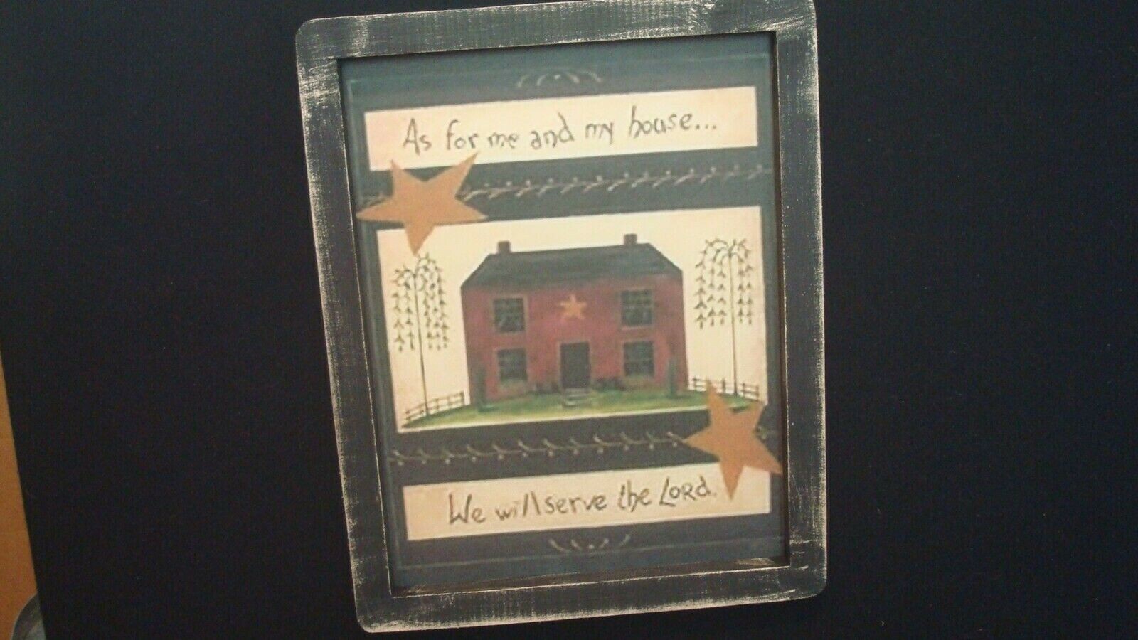 Prim Country Print *BURGUNDY SALTBOX HOUSE* black hand made frame 9 1/2 ” x 12″