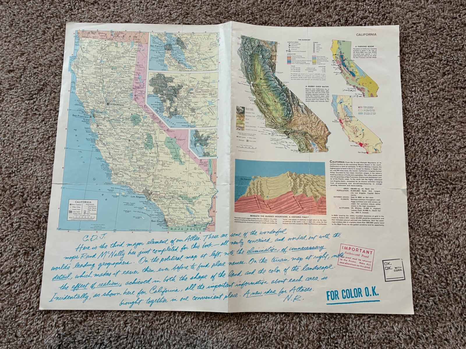 RAND MCNALLY Pre-Production Layout / Authorized Proof Map of California, 1950’s