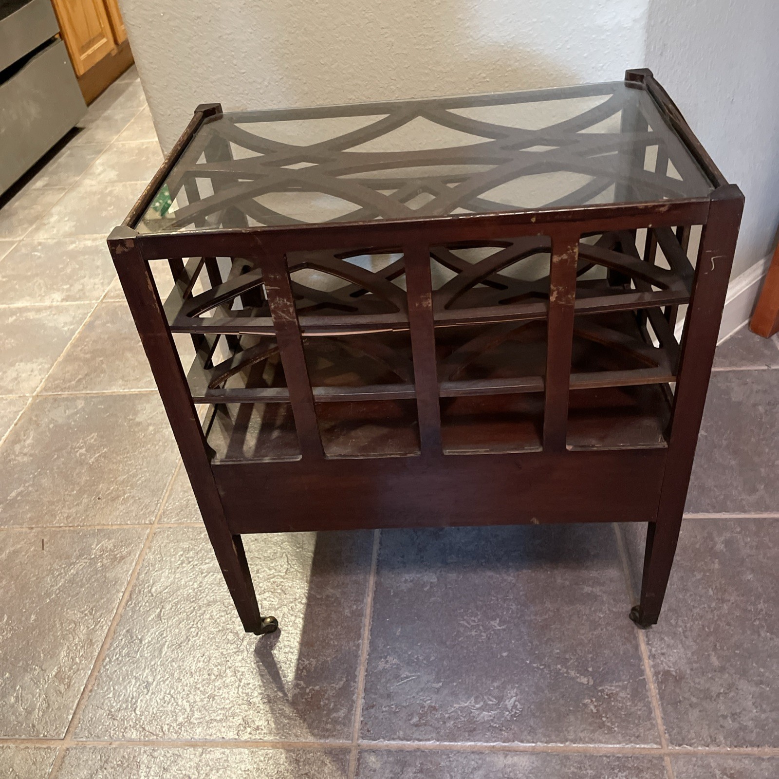 Vintage Mahogany Record Stand Traditional Glass Top Bar Serving Wood Table