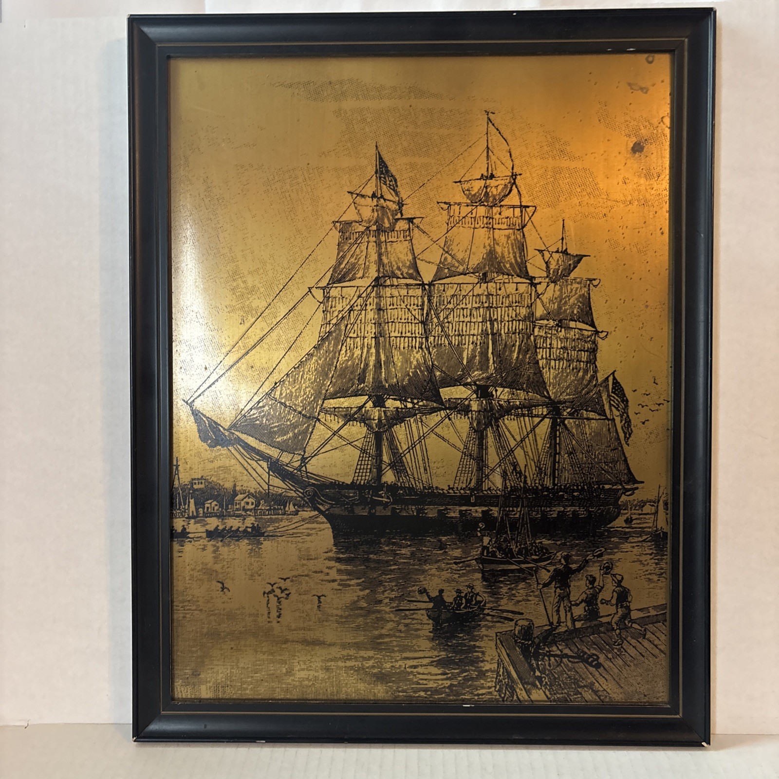Vintage Sterling Copper Etched Nautical Wall Hanging Carving Art Gold Black