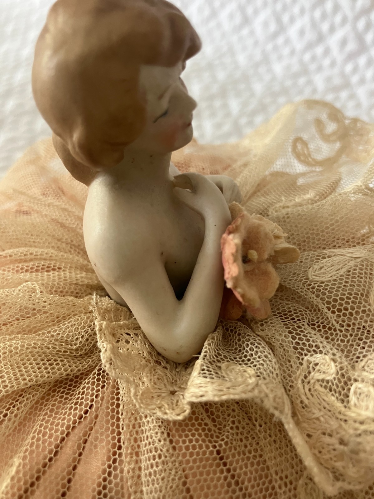 Antique Half Doll Arms Away Silk Satin & Lace Pin Cushion Germany