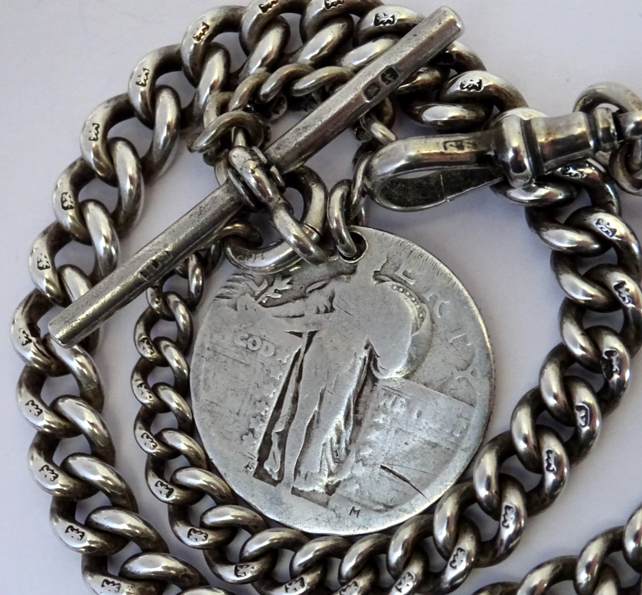 Antique solid silver pocket watch albert chain & US standing Liberty silver coin