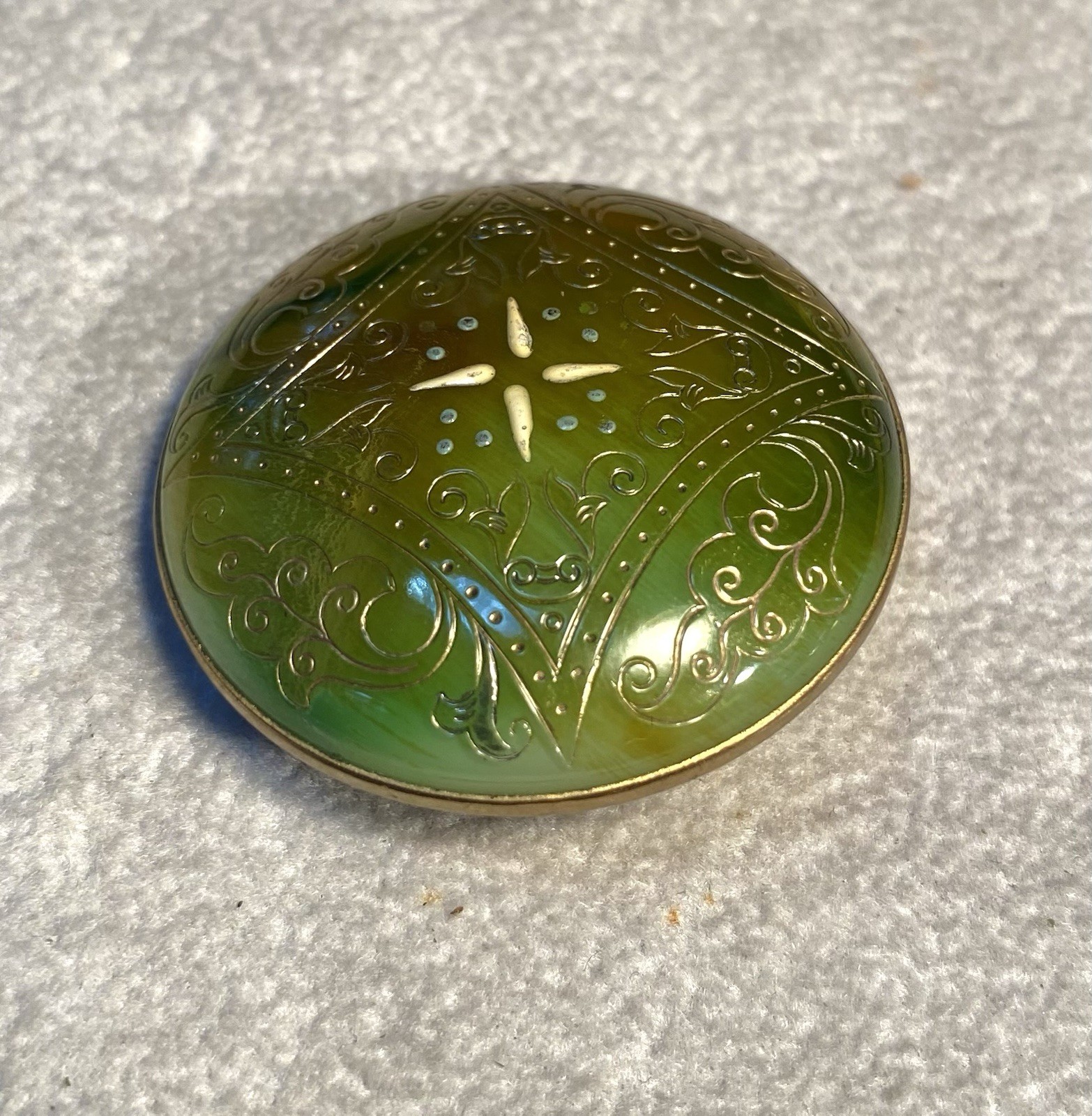Large Domed Carved Two Tone Glass Set In Metal Antique Button