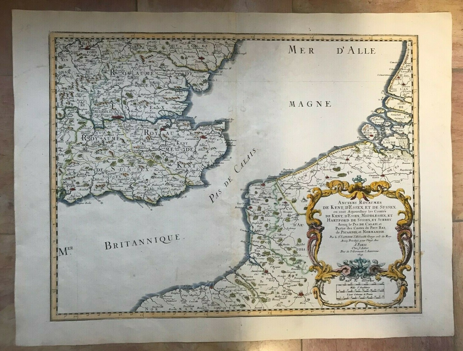 ENGLAND KENT ESSEX SUSSEX 1654 NICOLAS SANSON D’ABBEVILLE LARGE ANTIQUE MAP