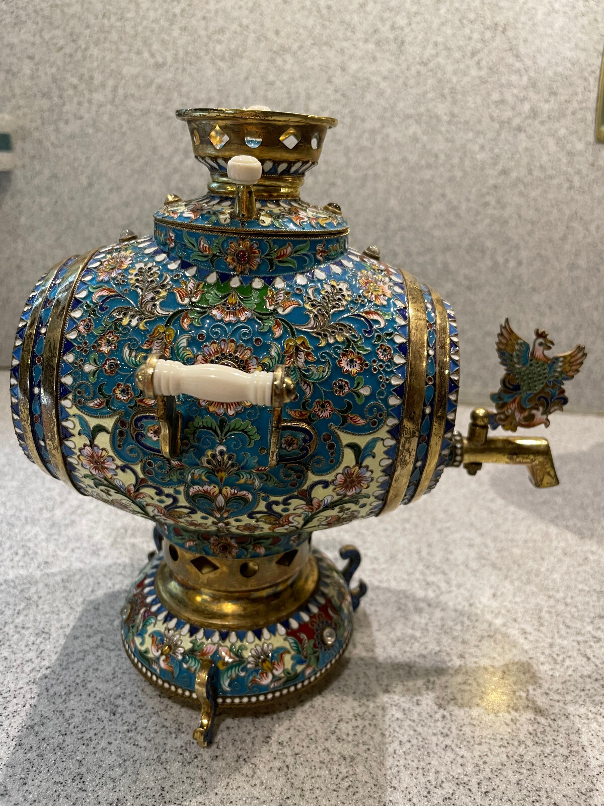 LARGE Russian Enamel Silver Antique SAMOVAR Gold Gilded Gem Encrusted Big & Tall