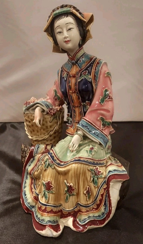 Chinese Porcelain Girl Figurine with Flower Basket