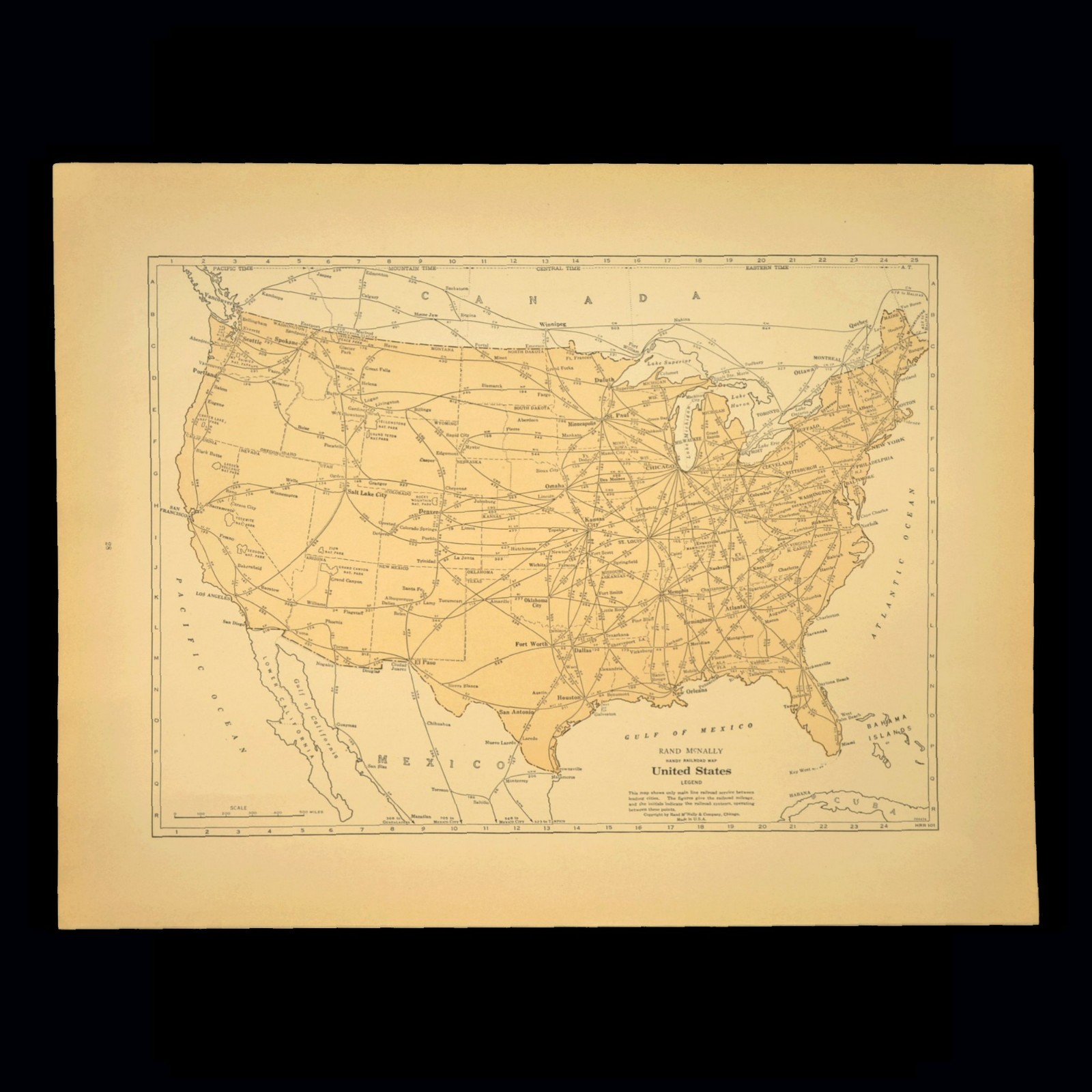 Vintage UNITED STATES Railroad Map US RR Railway Wall Art Decor 1930s Antique
