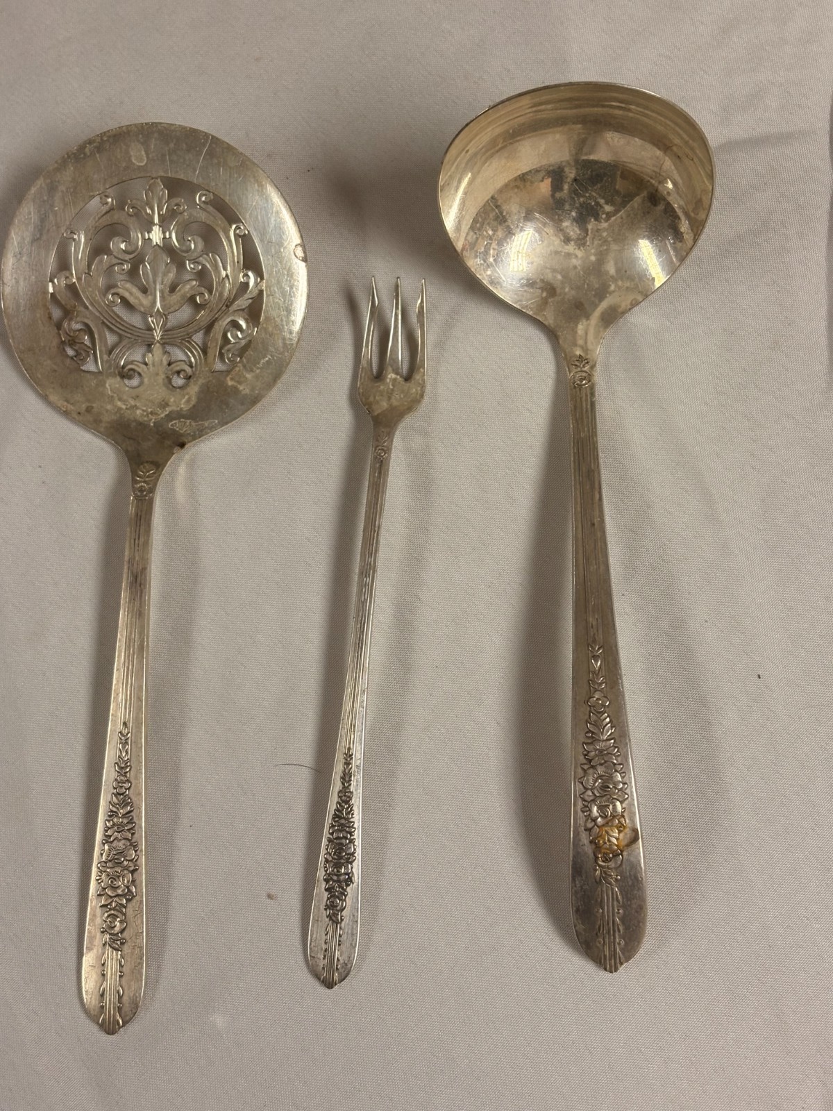 3 Vintage Serving Pieces Royal Rose Mobility Plate Marked ladle Fork Spoon flora