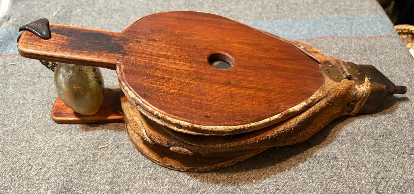 Vintage leather, wood, copper bellows 16″ long Works w. period wear & repairs