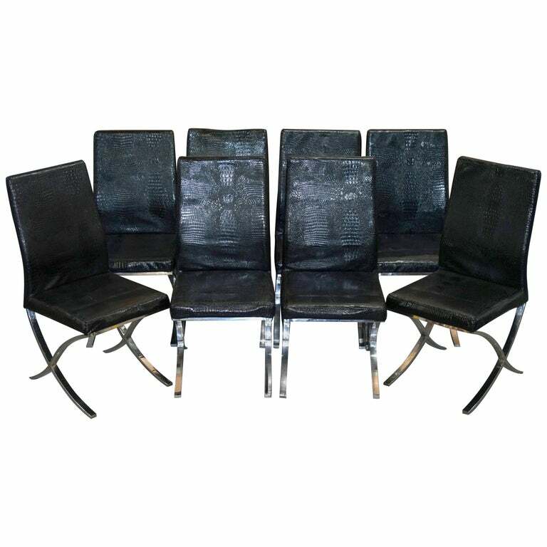 SET OF EIGHT CHROME BLACK FAUX ALLIGATOR CROCODILE PATINA LEATHER DINING CHAIRS