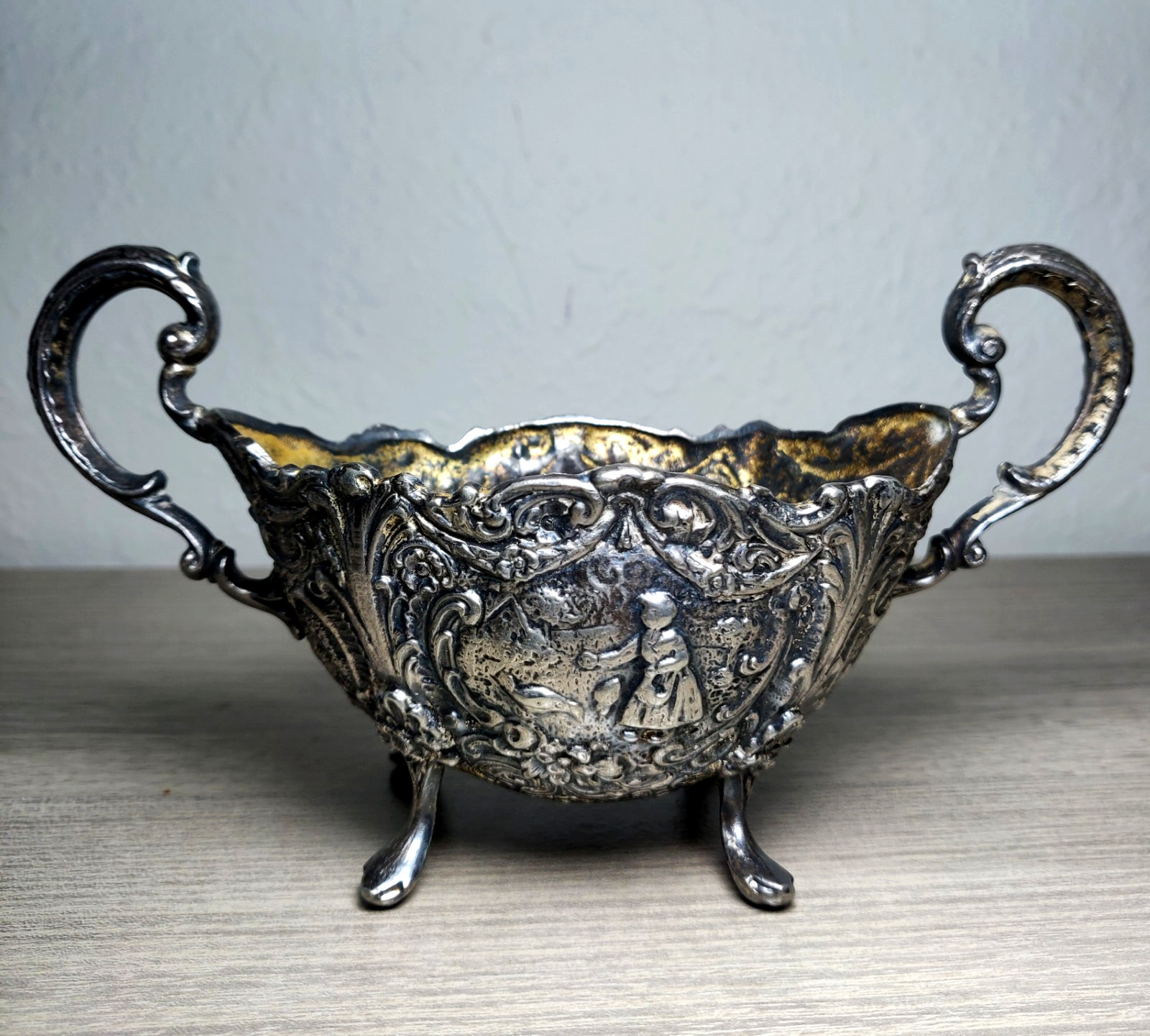 Antique Victorian Repousse Silvertone Open Sugar Bowl 7 x 3.75 Inches